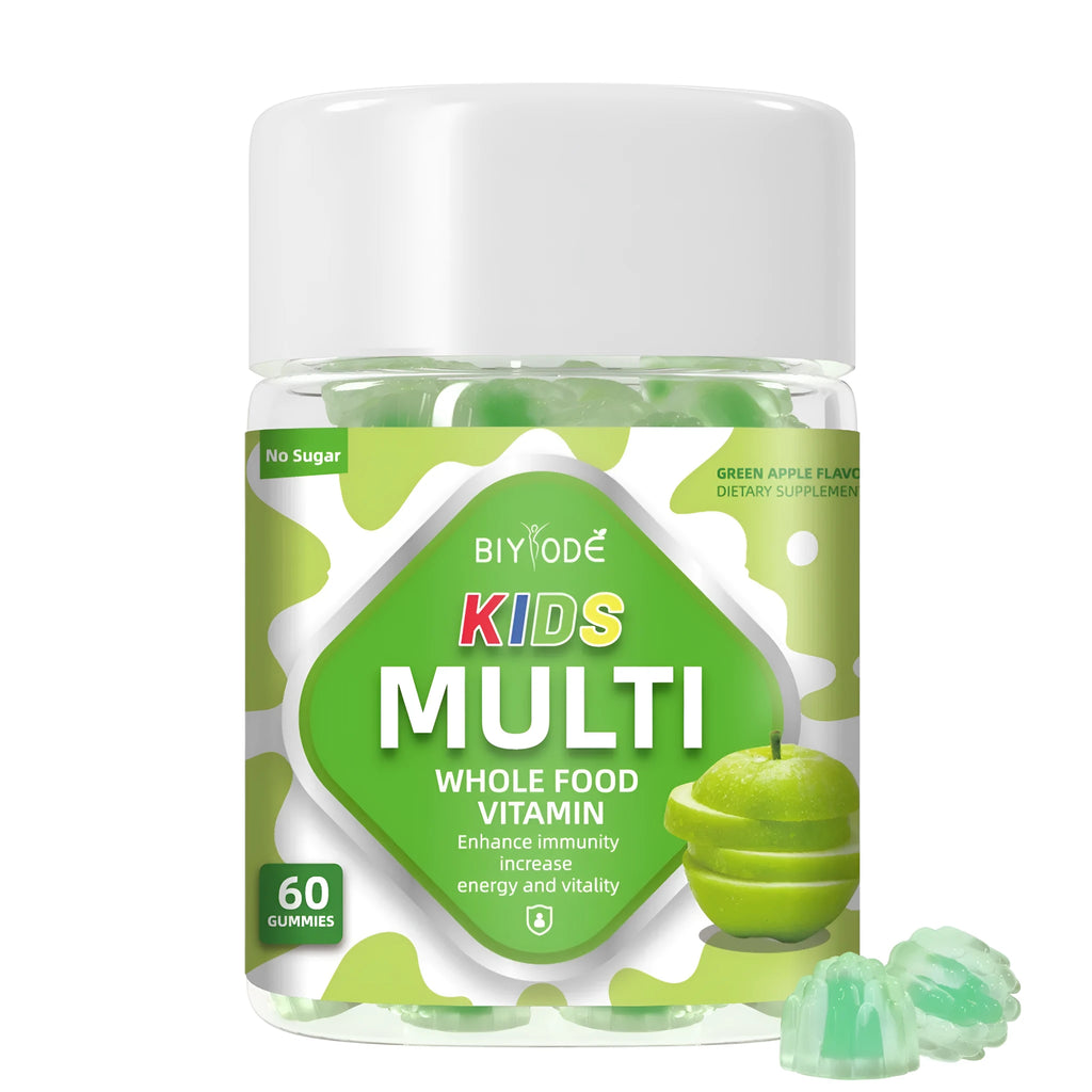 Bottle of 60 kids multivitamin gummies, 2 per day, custom flavour, children's daily health supplement