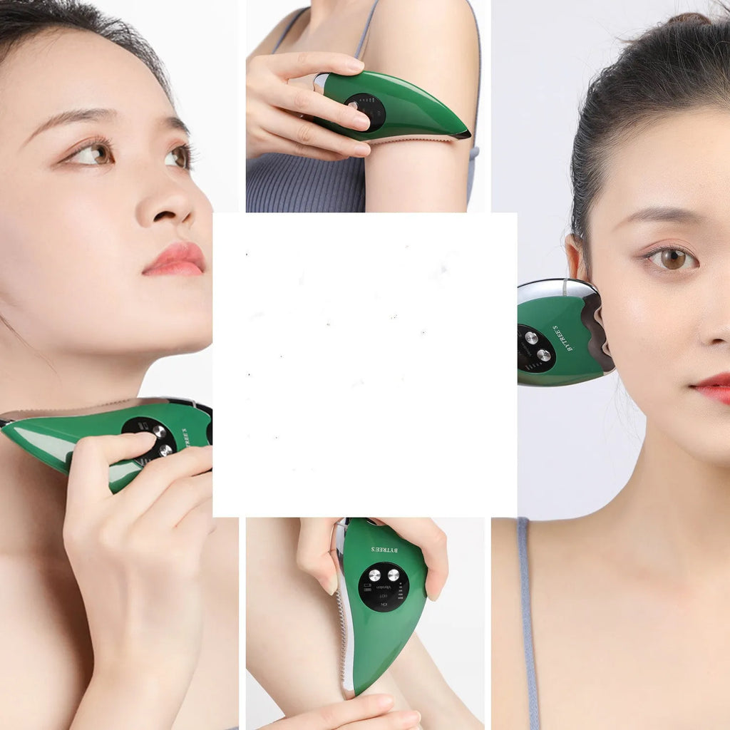 Green facial beauty instrument with vibration, hot and cold modes, and EMS micro current on a table