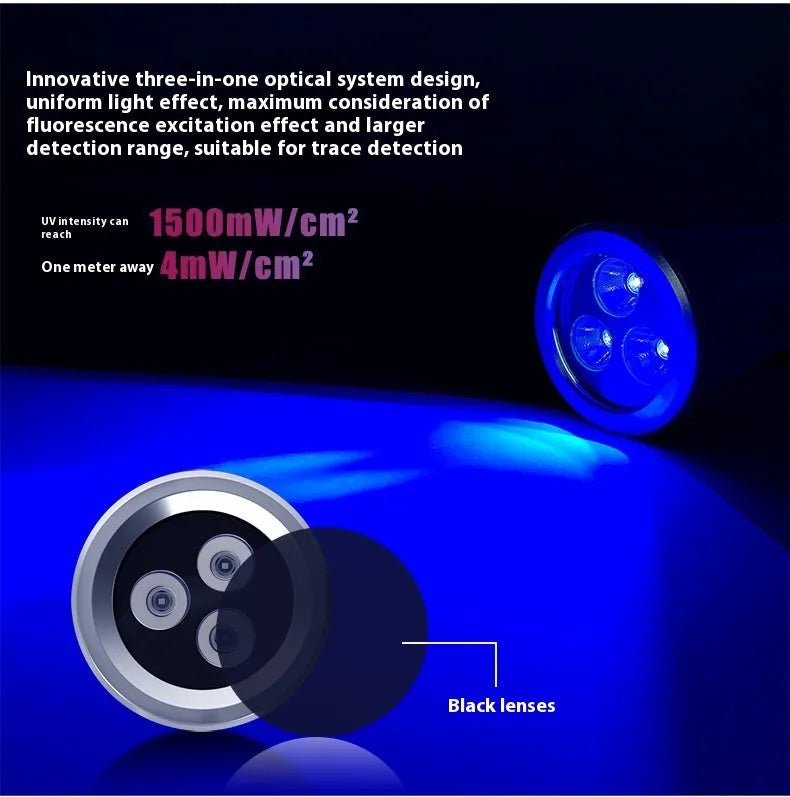 Black aluminium alloy UV flashlight with 1W LED and USB Type-C charging port