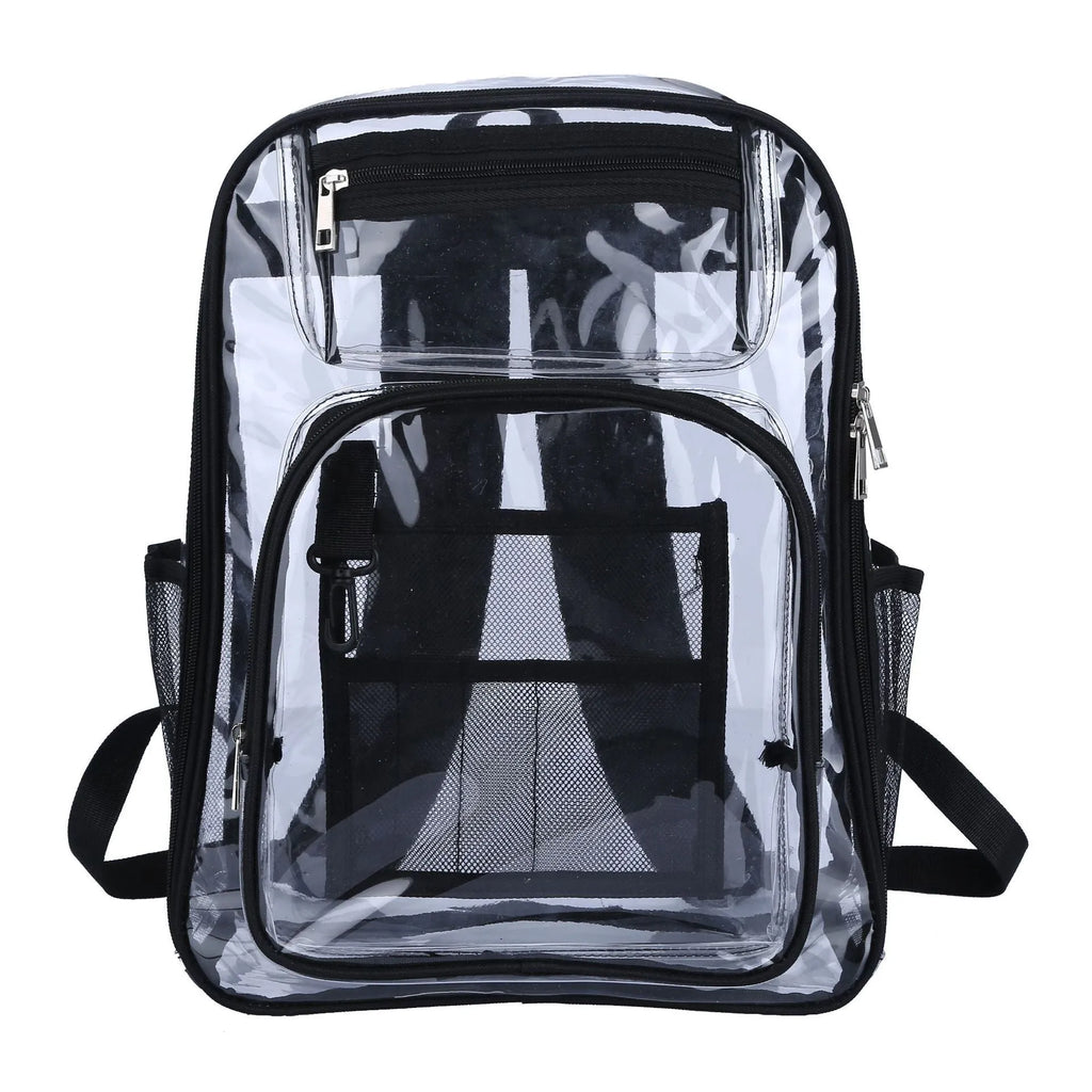 Transparent PVC waterproof backpack in grey with a visible black voile inner bag inside.