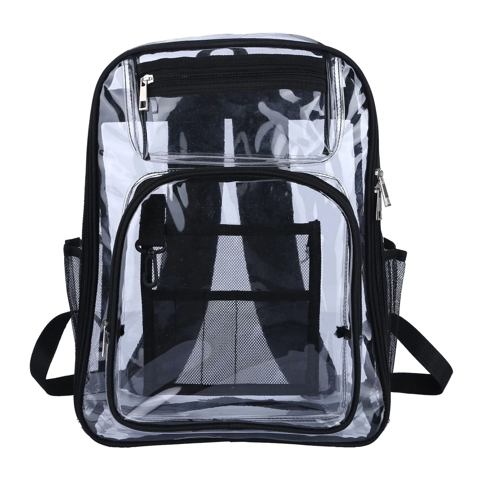 Transparent PVC waterproof backpack in grey with a visible black voile inner bag inside.