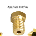 Close-up of a brass E3D-style 3D printer nozzle with M6 thread, showing its precise machining.