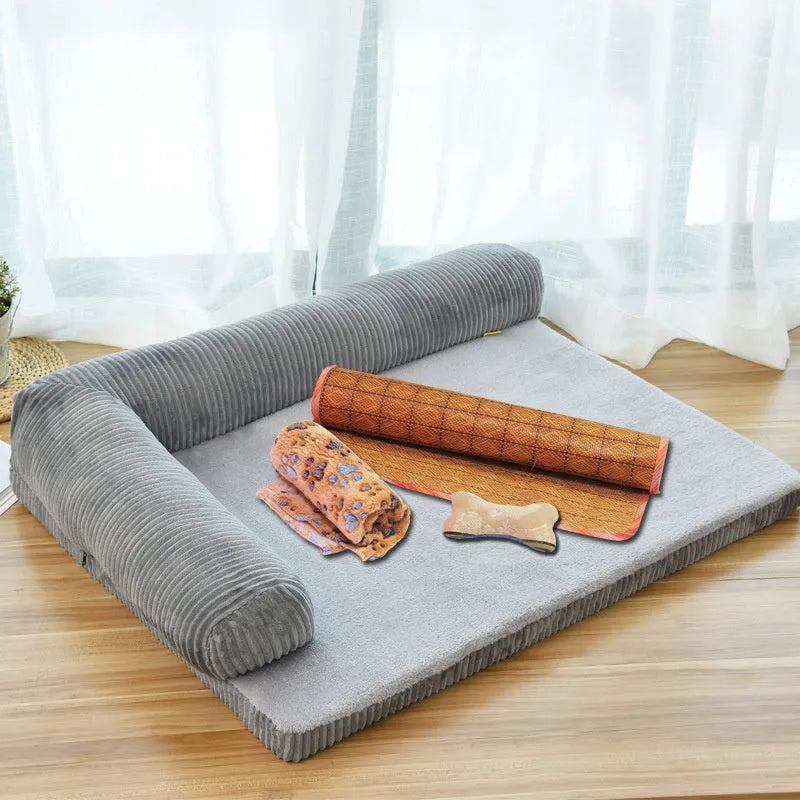Corduroy dog sofa bed with bolster sides in grey colour on wooden floor