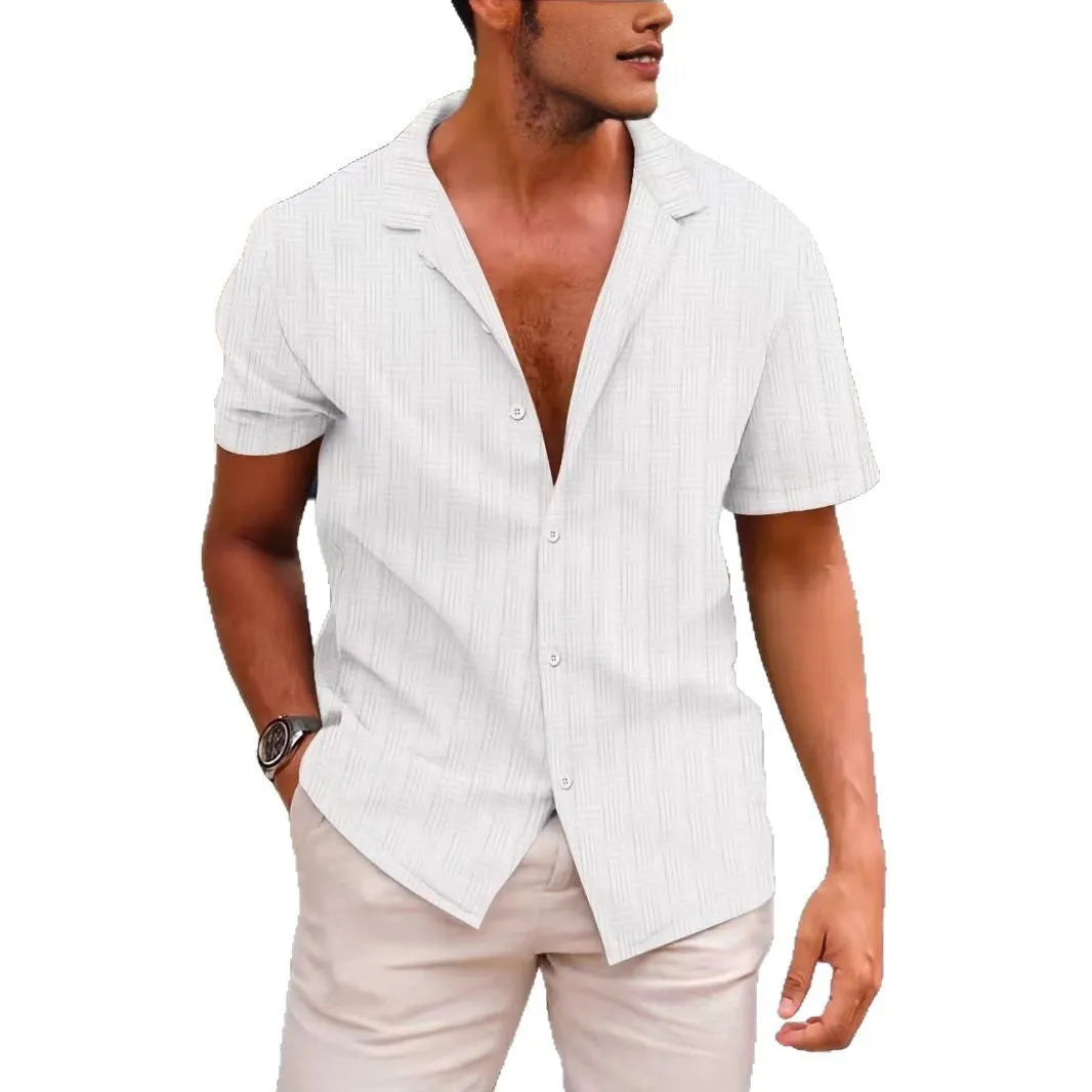 British-style corduroy summer shirt with lapels in solid colour with short sleeves