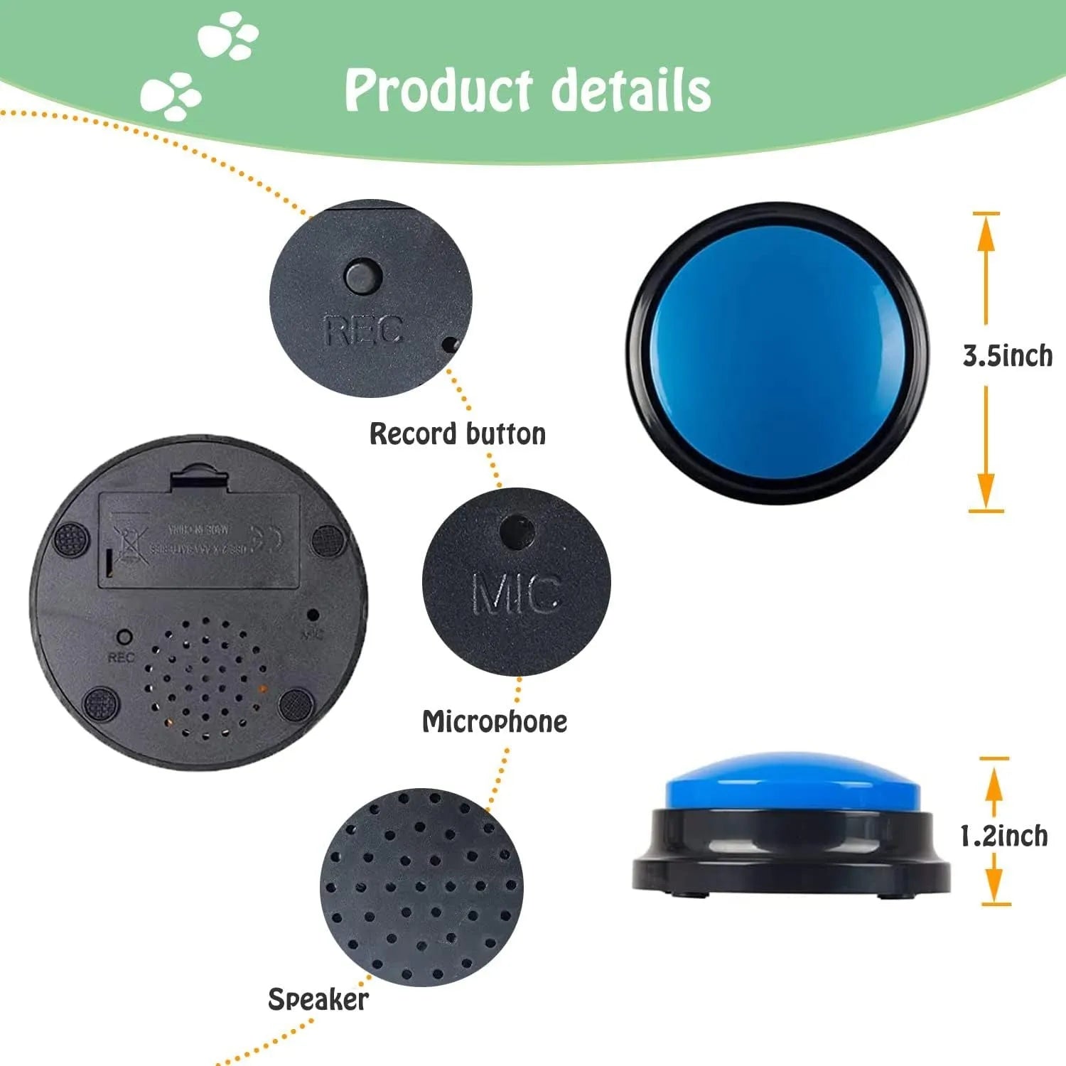 Voice recording button for pet training showing 30-second record playback function in one of five colours.