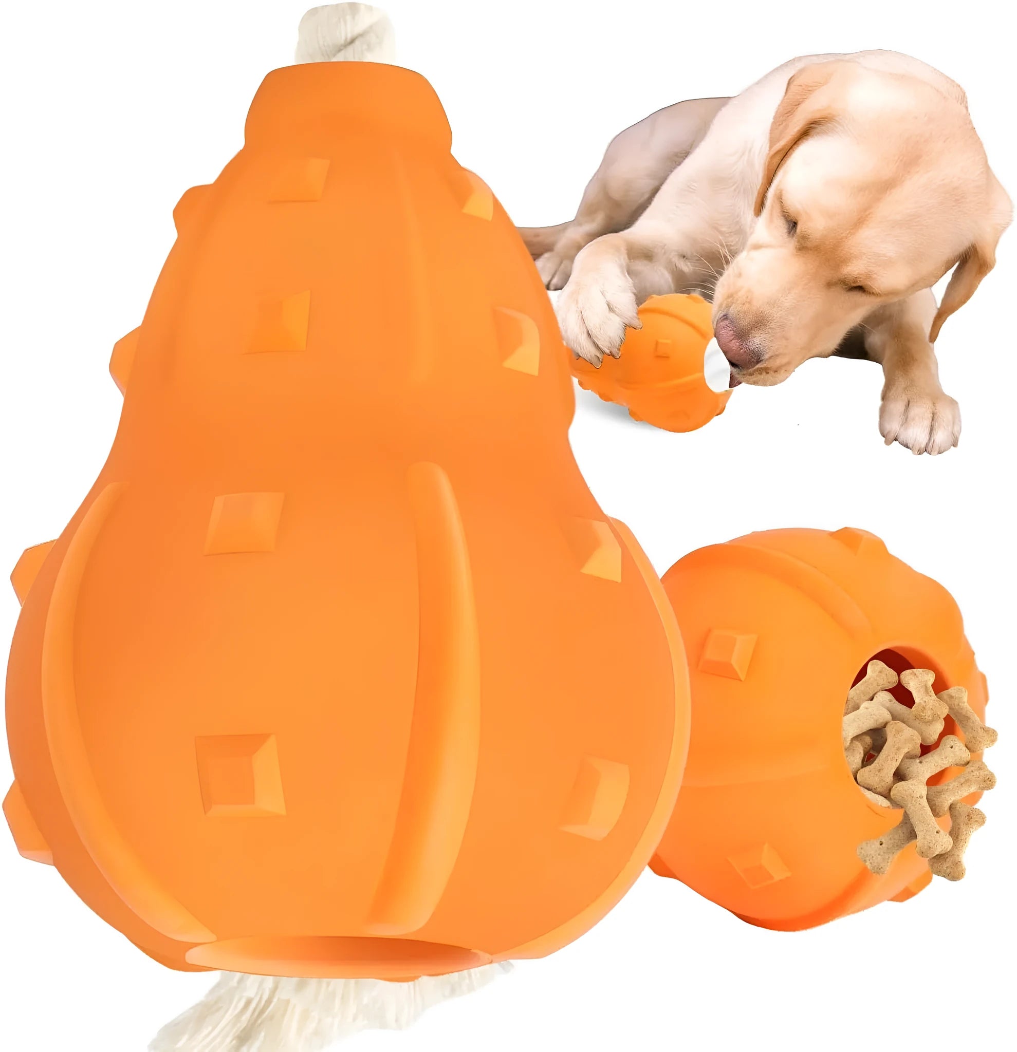 Natural rubber stuffable dog toy with a long strap for fetch and treat dispensing.
