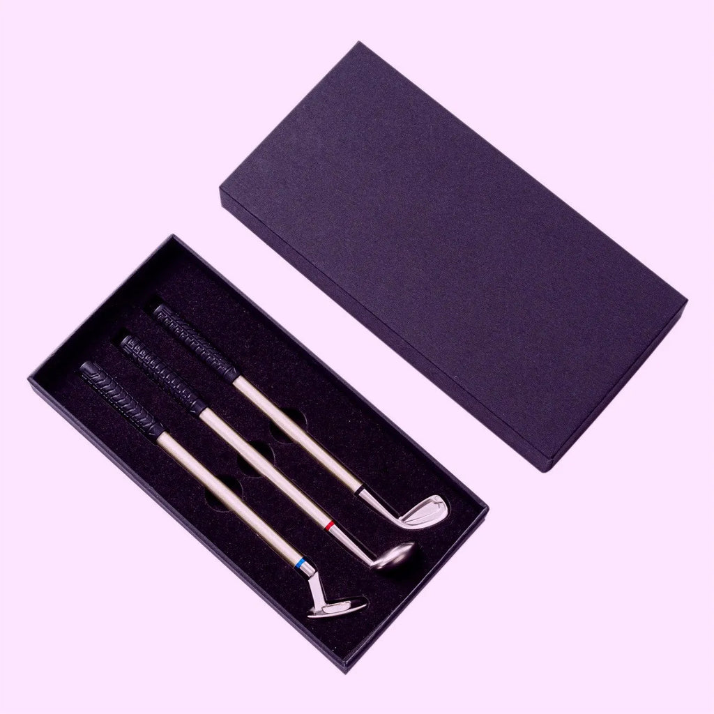 Three metal ballpoint pens with 0.7mm bullet nibs and suit golf design refills