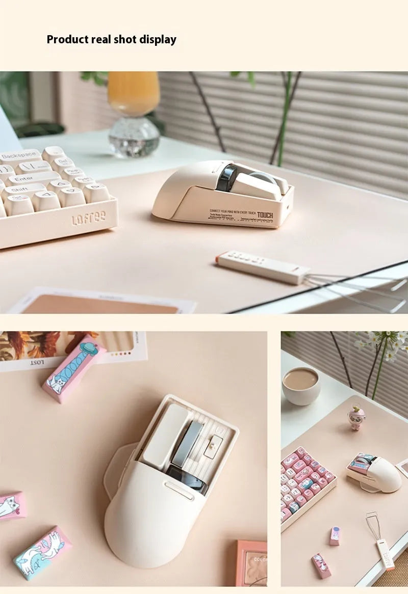 Tofu colour ergonomic wireless mouse shown with USB receiver and USB-C charging cable on a desk.