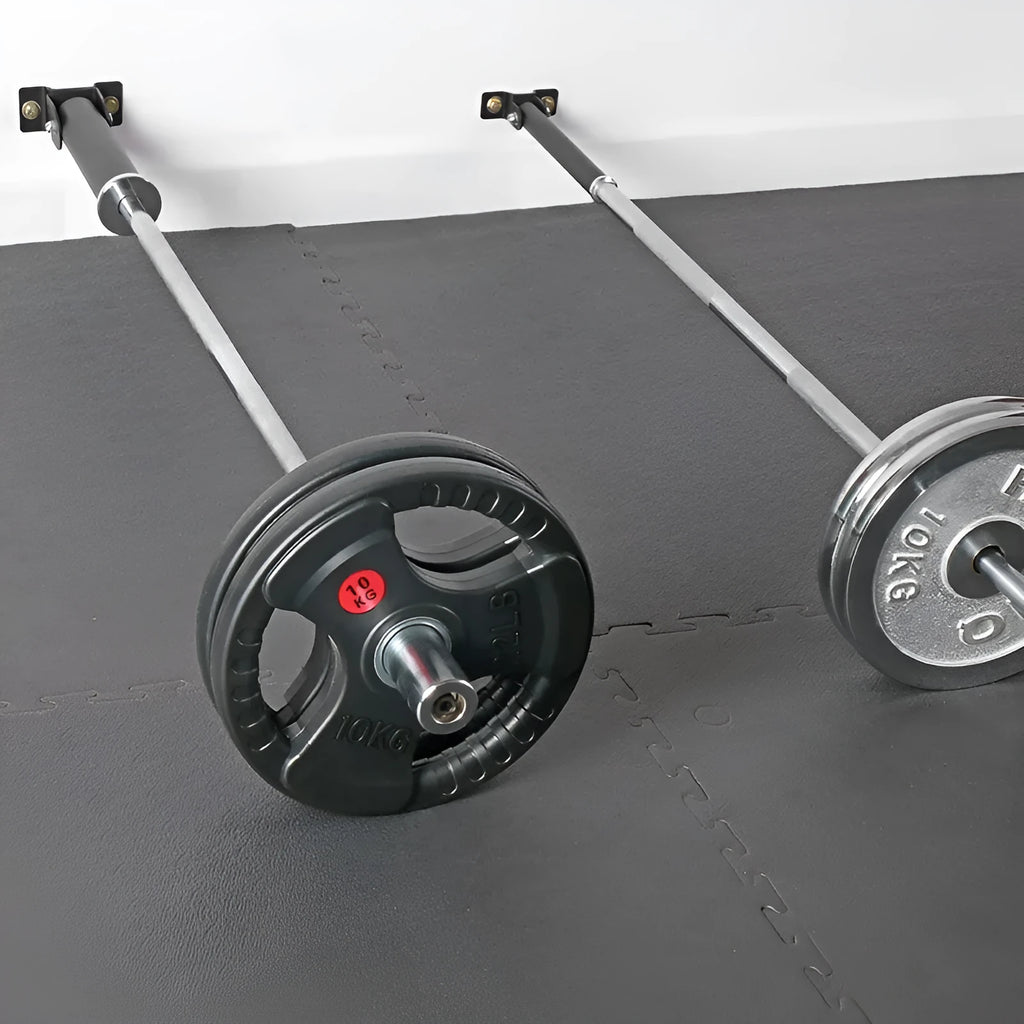 Wall-mounted steel rack with 25 tubes for storing barbells or rods.