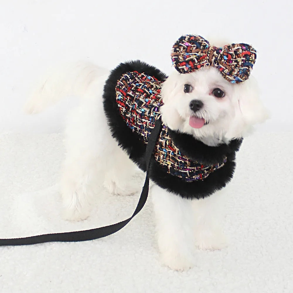 Classic dog walking cloak set with chest strap harness and hand holding rope leash in multiple styles