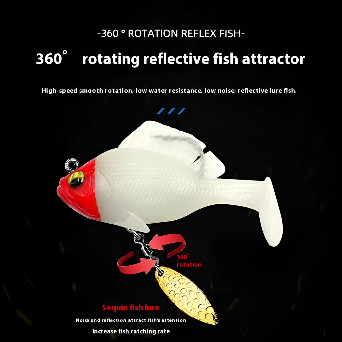 Rotating sequins T tail fishing lure in black back red body, 10g or 14g, for bass and mandarin fish