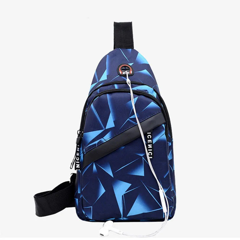 Blue Oxford cloth sling bag with a crossbody strap, earphone hole, and zipper pocket.
