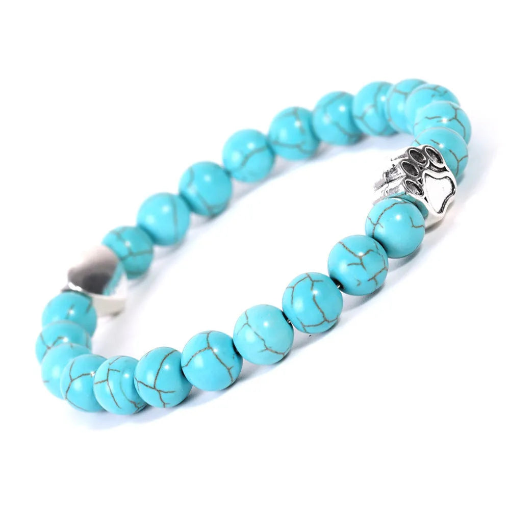 Tigereye Indian agate stone bead bracelet with dog's paw and heart charms in geometric design