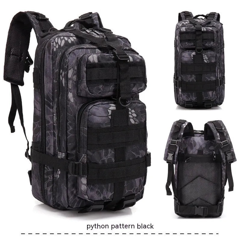 Large khaki coloured off-road hiking backpack with air pillow belt system on a rocky outdoor trail.
