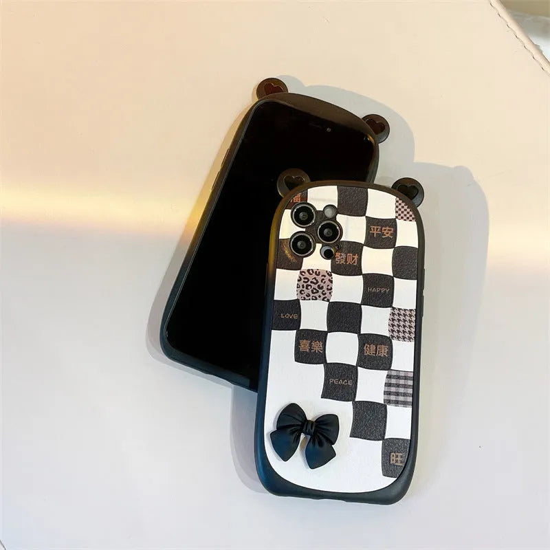 Black and white lattice bow silicone protective case for iPhone 13 12 11 XS XR