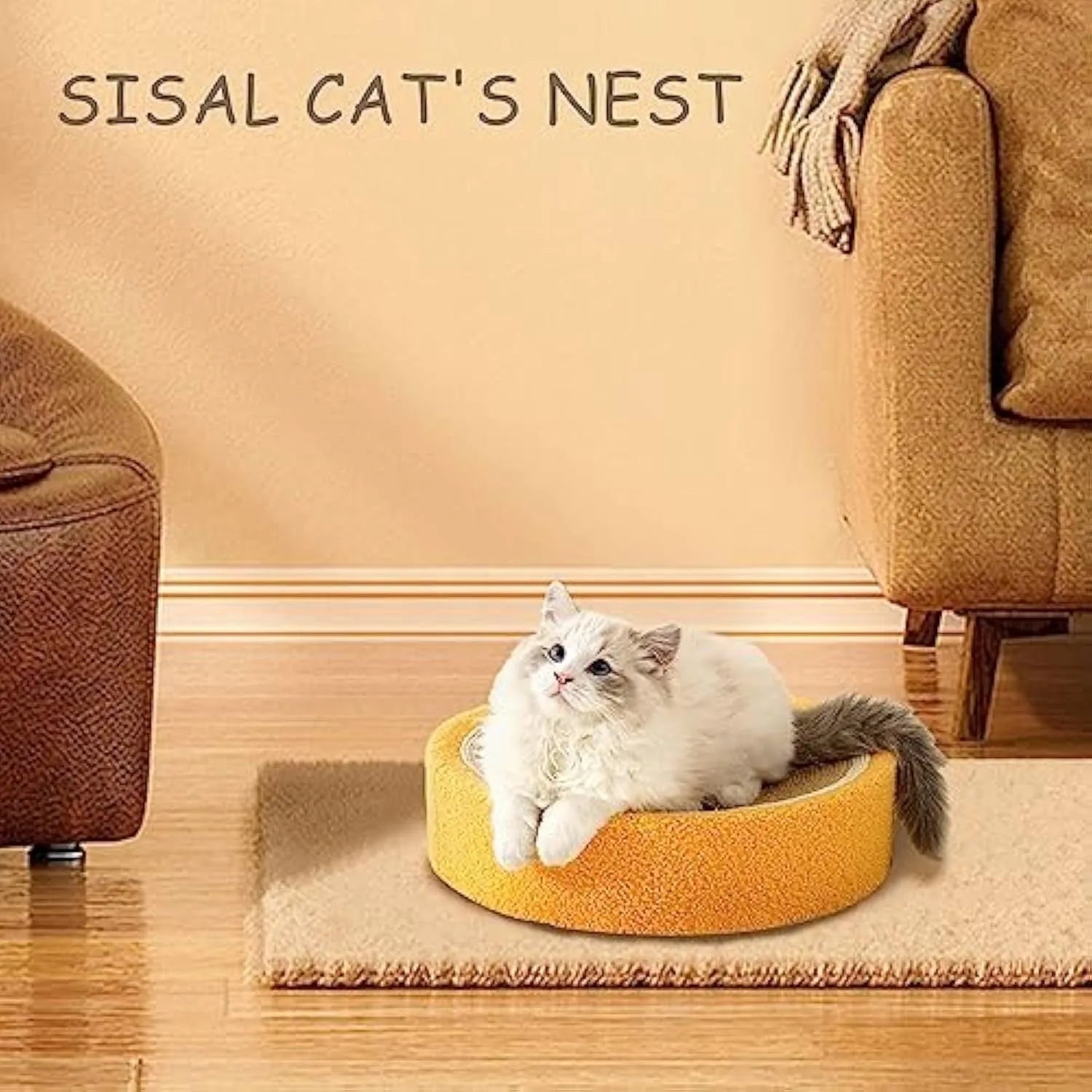 Yellow fruit-shaped sisal cat scratching board and round bed for small cats.