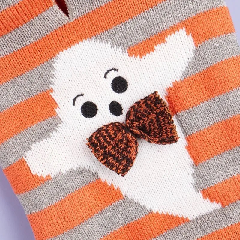 Orange striped knitted acrylic pet sweater with hood and fur ball decoration for Halloween