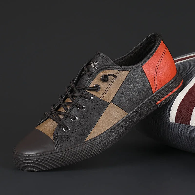 Men's colour matching leather shoes with rubber sole and elastic band closure
