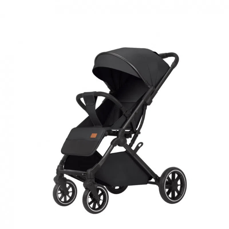 Lightweight folding baby stroller with lie-flat seat and four-wheel shock absorbers, available in black, dark grey, light grey and khaki