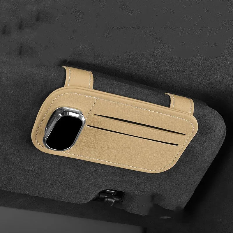 Cowhide leather car sun visor card holder with glasses clip in multiple colour options