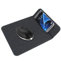 Black 2-in-1 wireless charging mouse pad with non-slip base and phone stand on a desk