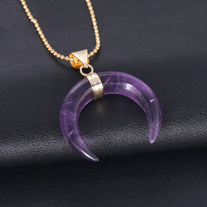 Natural crystal moon pendant necklace with adjustable chain and electroplated copper fittings