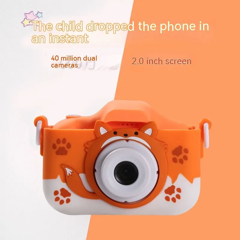 Orange and blue children's HD cartoon digital camera with compact design and game functions