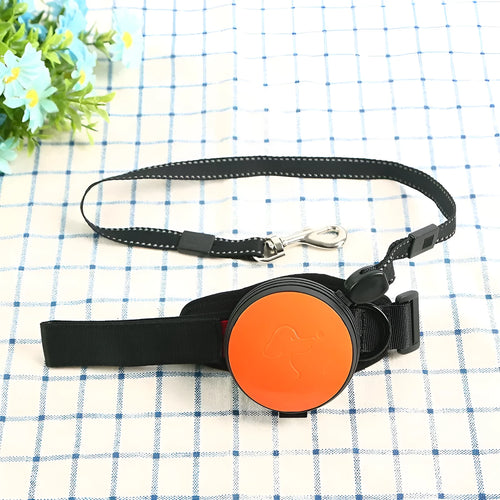 Automatic retractable dog leash extended to 3 metres, shown in vibrant orange colour.