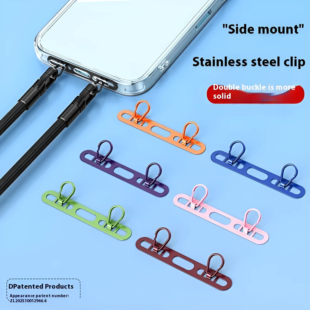 Stainless steel mobile phone lanyard with double buckle gasket and side hanging clip in electroplated metal finish