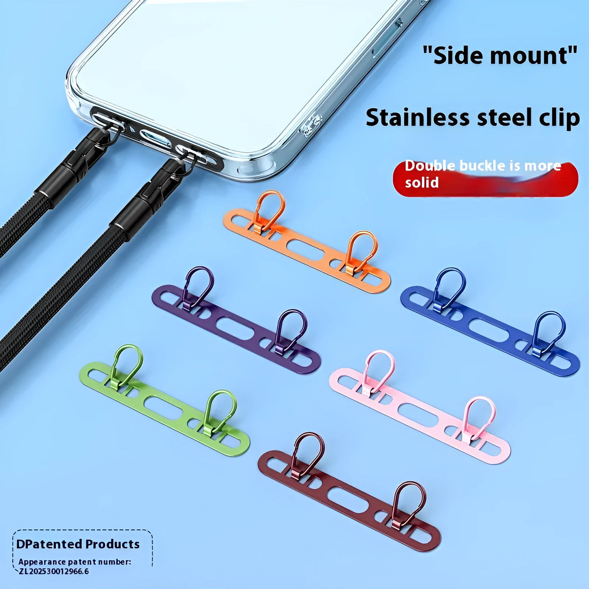 Stainless steel mobile phone lanyard with double buckle gasket and side hanging clip in electroplated metal finish