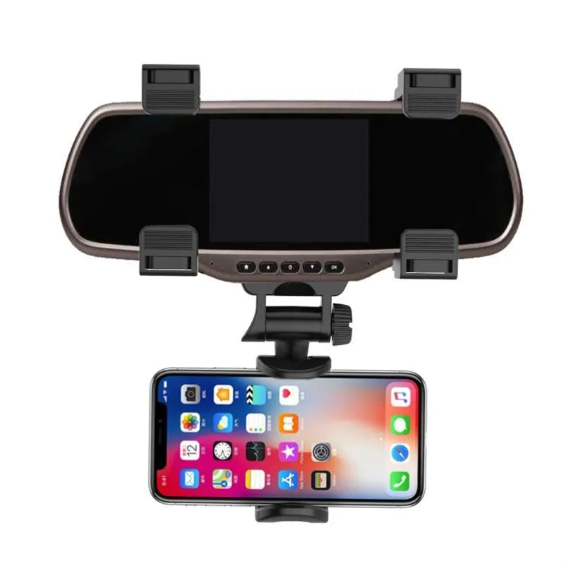 Black car rearview mirror phone holder with buckle fixing, model V68200, for hands-free navigation.