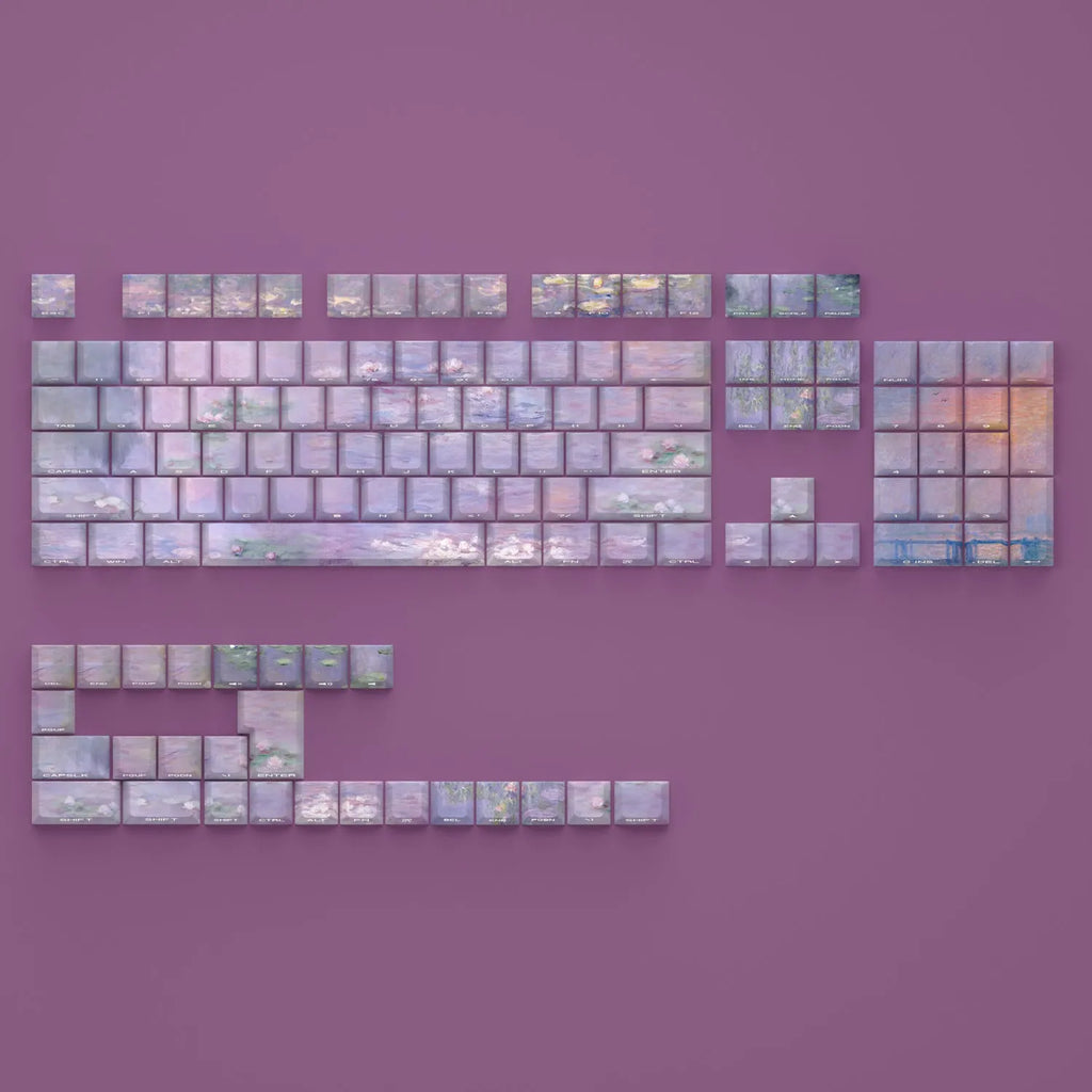 Wenshao Sleeping Lotus PBT keycap set with 130 keys showing side-engraved light transmission design.