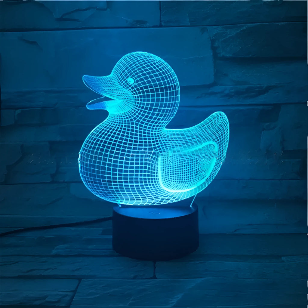 Little yellow duck 3D night light with acrylic panel and ABS base showing colour options
