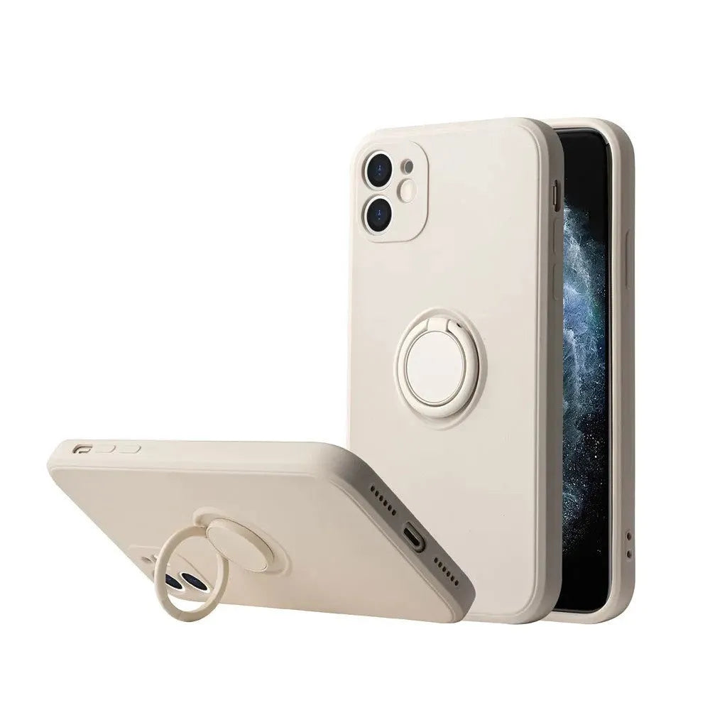 Black silicone iPhone case with a built-in metallic ring bracket on the back, shown fitted to an iPhone 12.