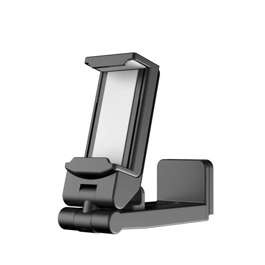 Foldable rotating phone holder in black with mobile phone attached showing adjustable angle mechanism