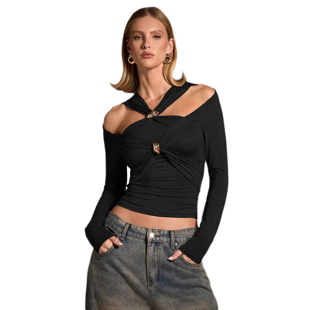 Black women's halter top with slim fit and long sleeves on a model.