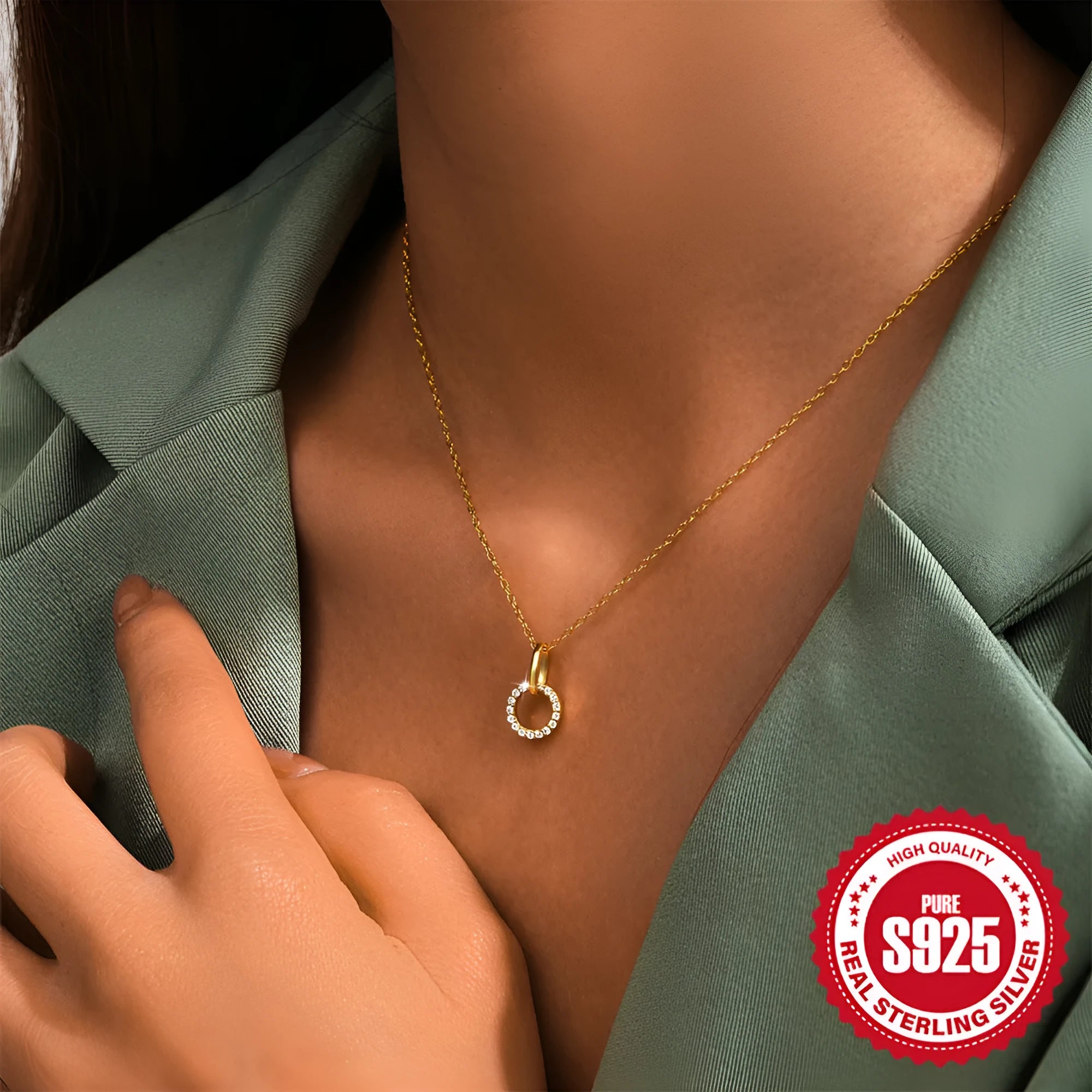 Gold tone S925 sterling silver clavicle chain with geometric zircon pendant on adjustable 21-50cm chain