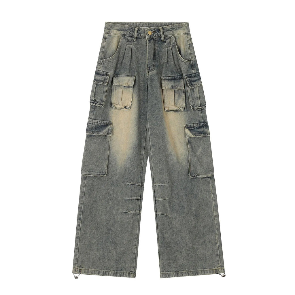 Men's loose fit distressed jeans with multiple pockets in black or light blue