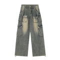 Men's loose fit distressed jeans with multiple pockets in black or light blue