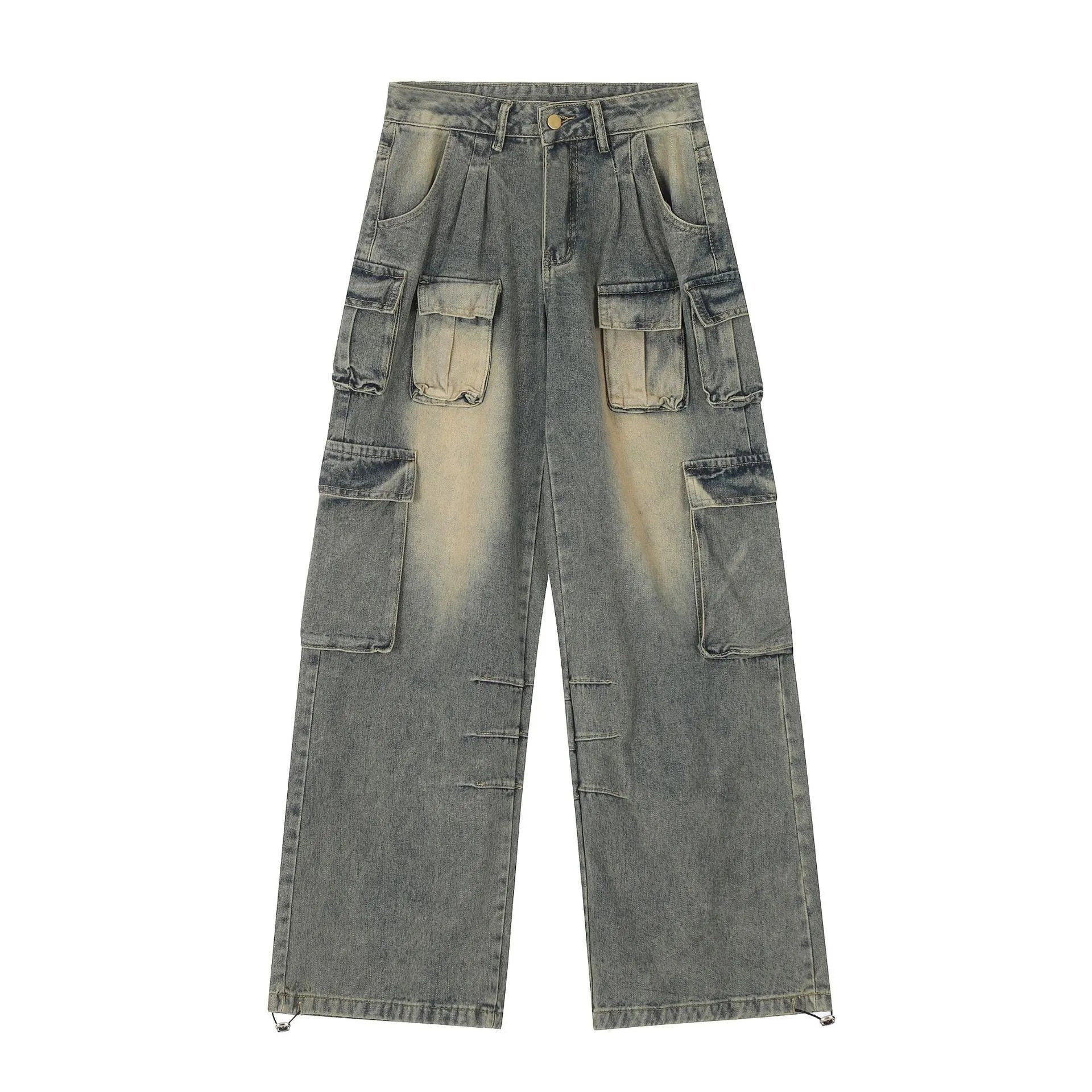 Men's loose fit distressed jeans with multiple pockets in black or light blue