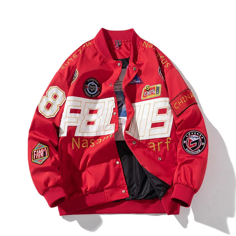 Black cotton-padded American motorcycle baseball jacket with a removable hood and side pockets.