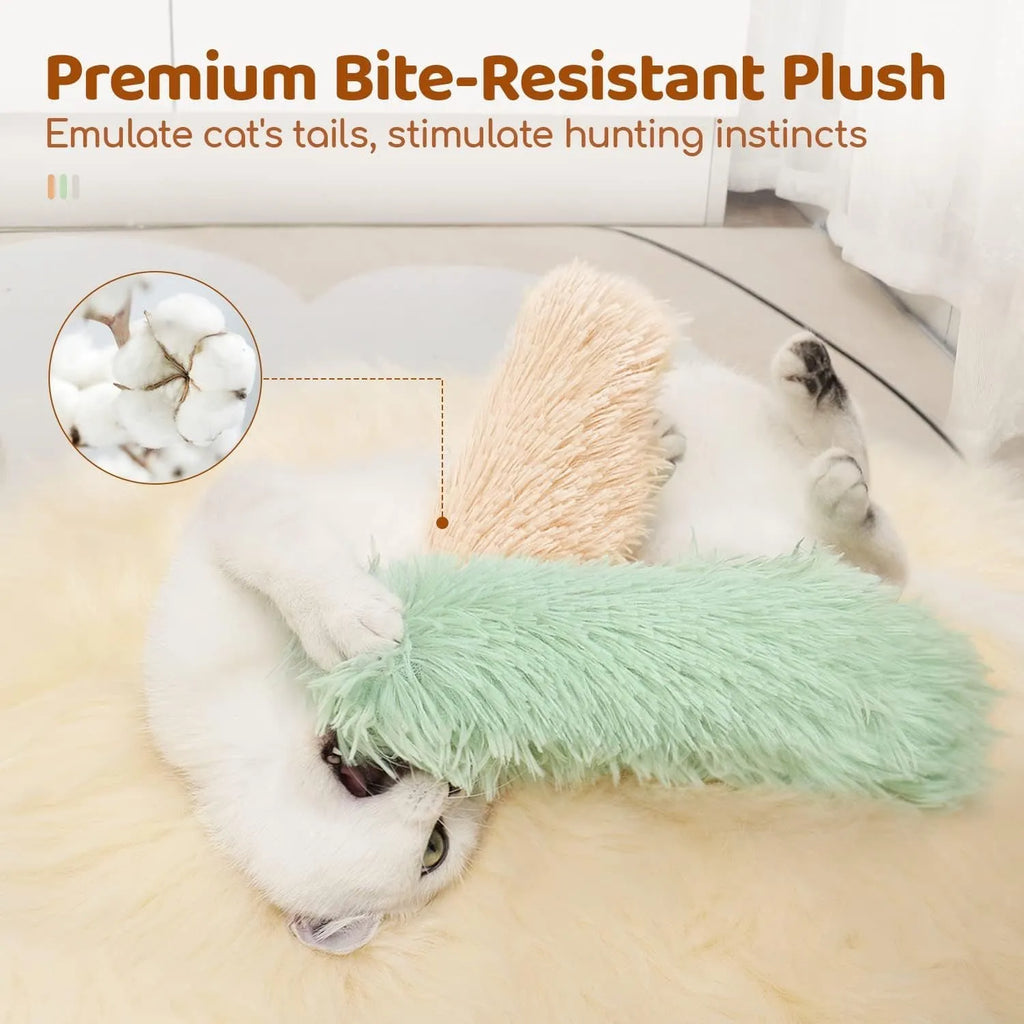 Soft plush cat toy pillow for stress relief in green, white, blue, and pink colours.