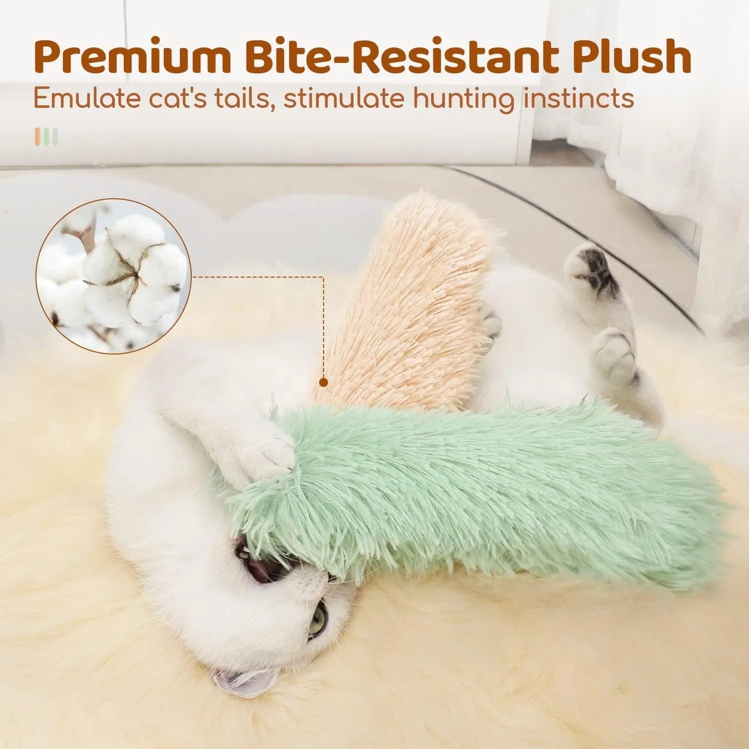 Soft plush cat toy pillow for stress relief in green, white, blue, and pink colours.
