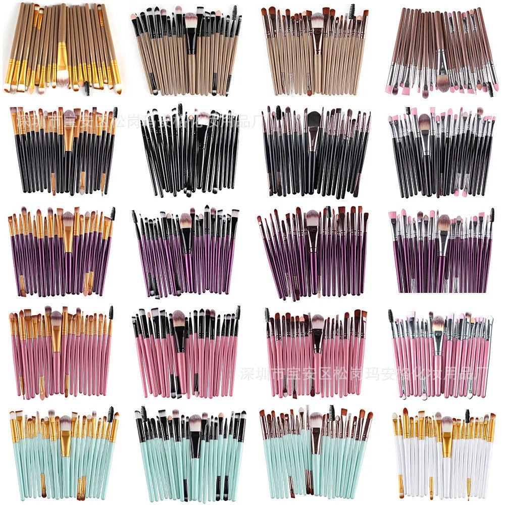 Cosmetic brush kit with nylon bristles and plastic handles, 14cm total length, available in 4 to 20 pcs and multiple colours