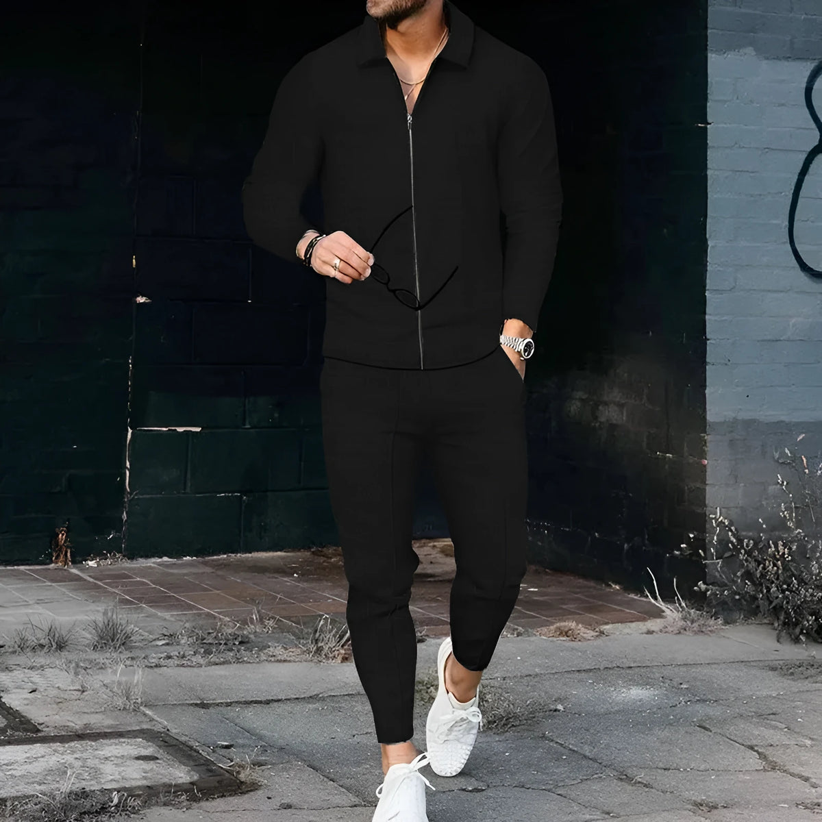 Fashion zipper cardigan casual sports suit in white, sapphire blue, black, khaki, or light grey, sizes S-XXXL