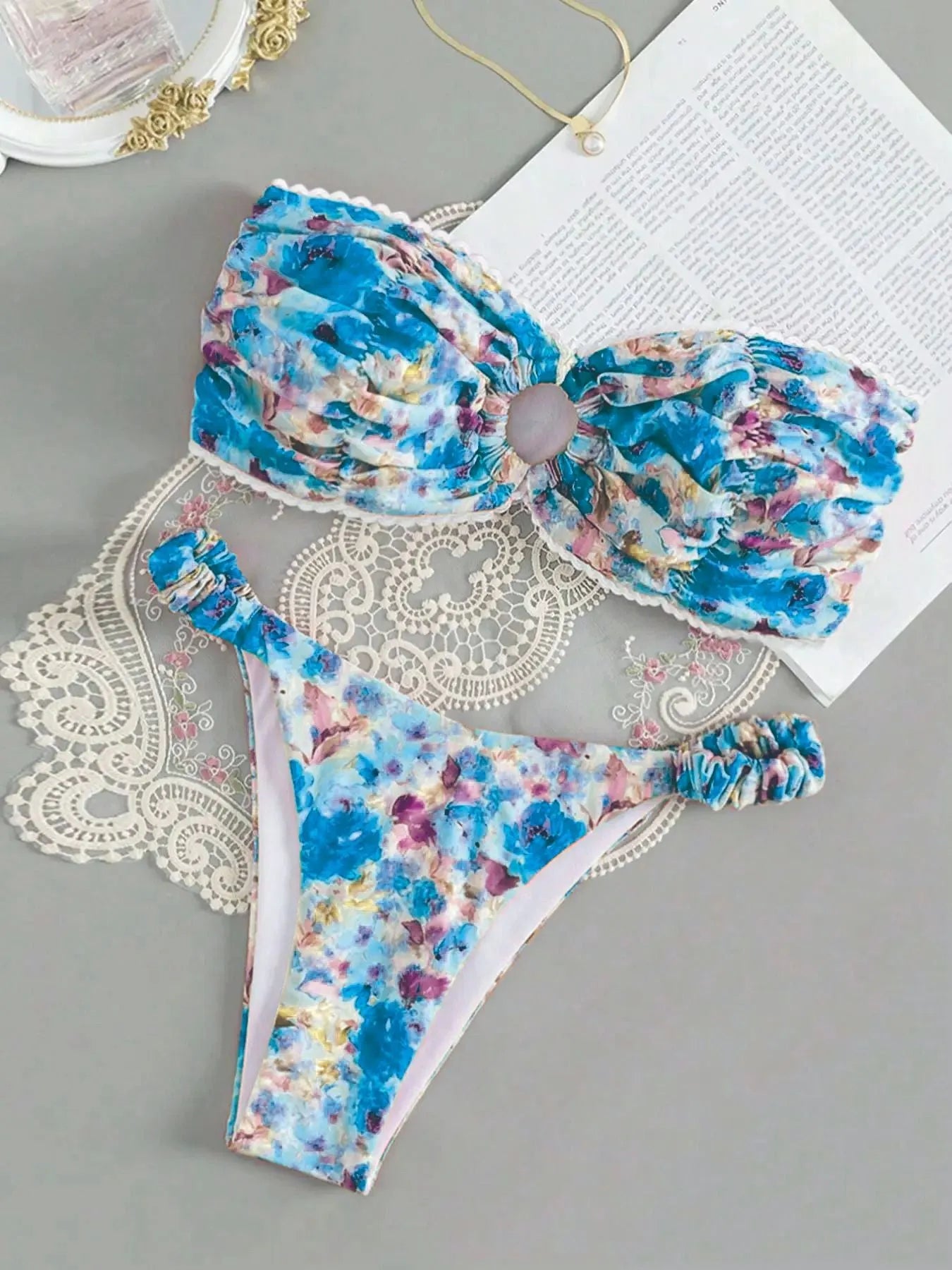 European style floral print tube top bikini set in polyester fabric for swimming