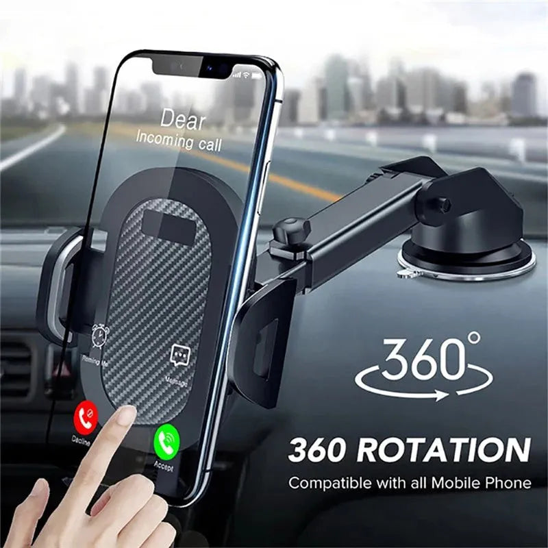 Black universal car phone holder dashboard mount with flexible bendable arm on a car dashboard