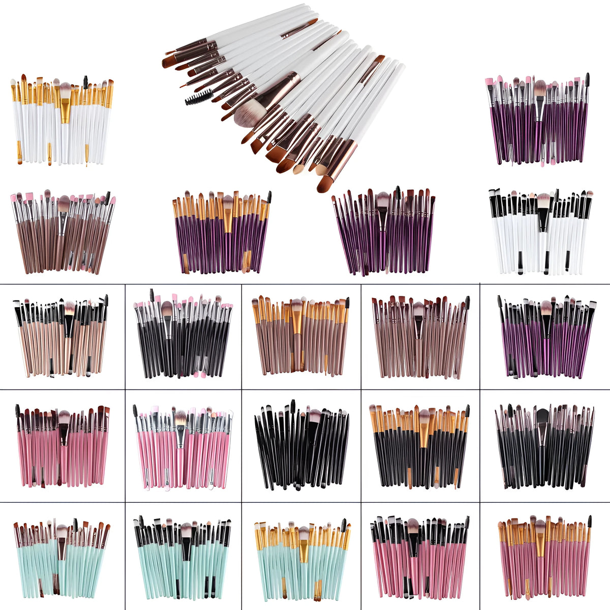 Cosmetic brush kit with nylon bristles and plastic handles, 14cm total length, available in 4 to 20 pcs and multiple colours