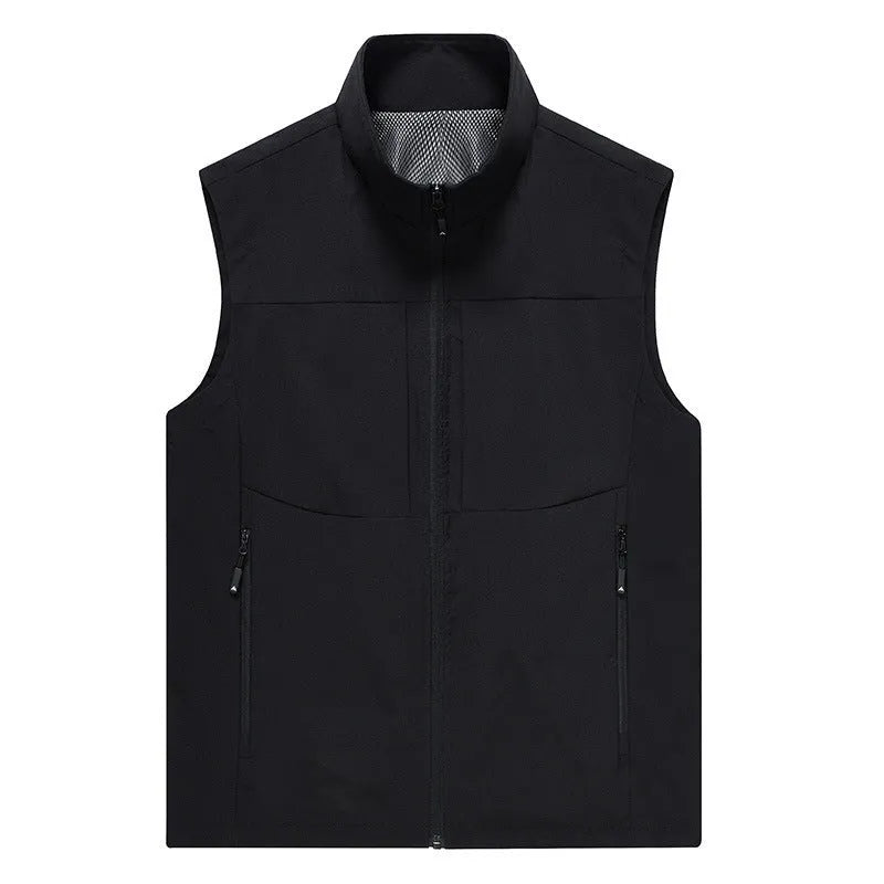 Men's casual polyester vest with a stand collar and zipper pockets in khaki colour.