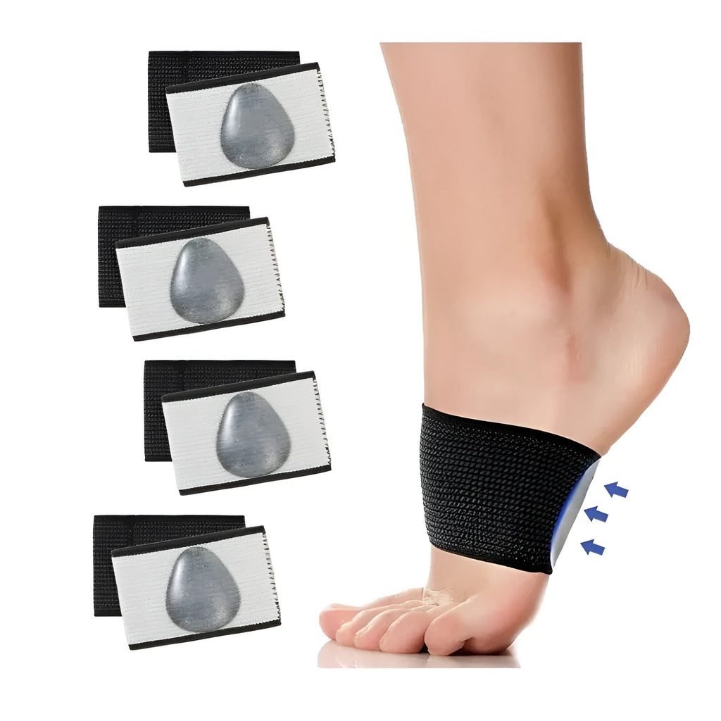 Elastic arch support bandage for flat feet with heart-shaped PU pad in two colour styles.